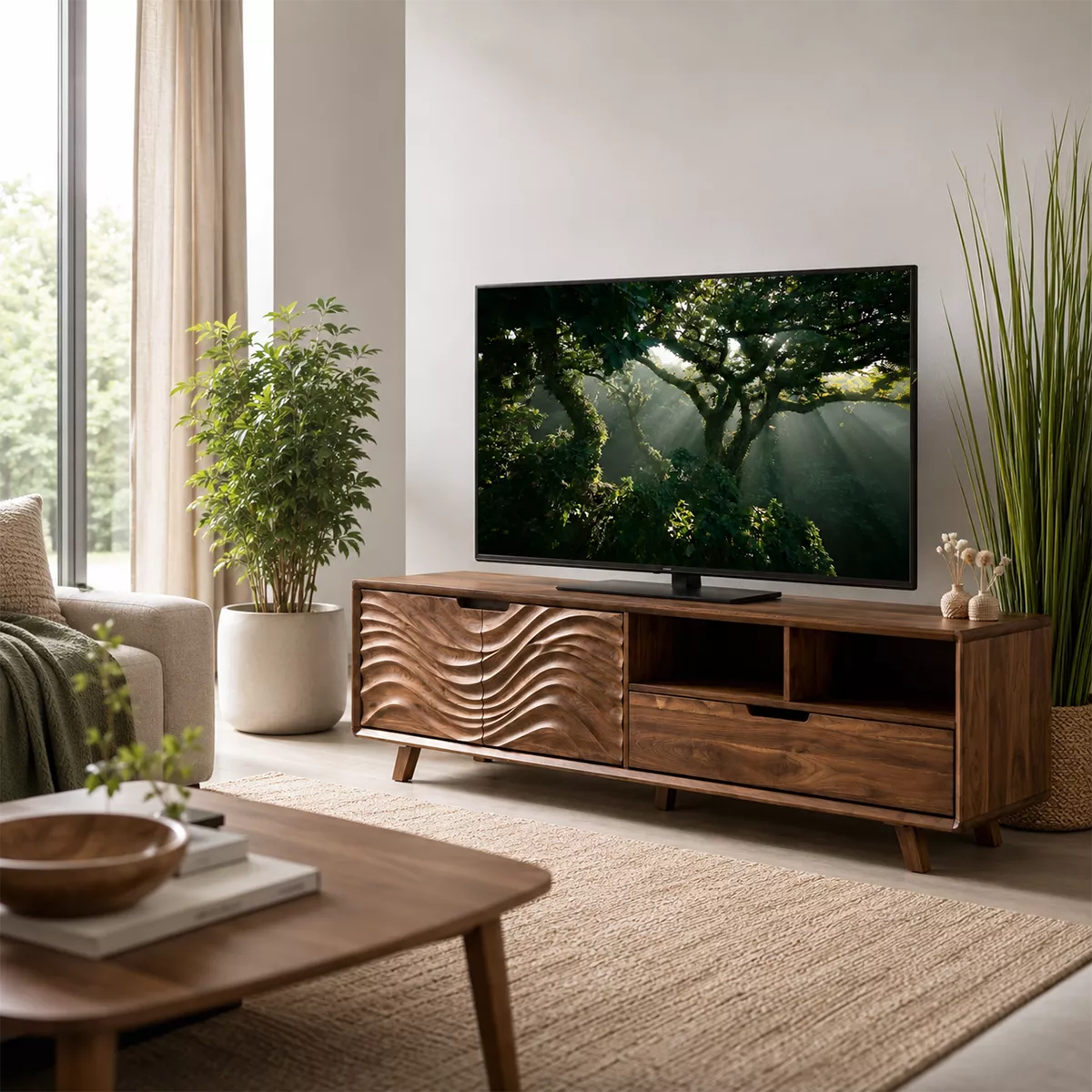 Natural Solid Wood TV Stand with Sculptural Wavy Cabinet Door Japandi - Livewoodcraft - 5