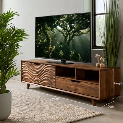 Natural Solid Wood TV Stand with Sculptural Wavy Cabinet Door Japandi - Livewoodcraft - 6