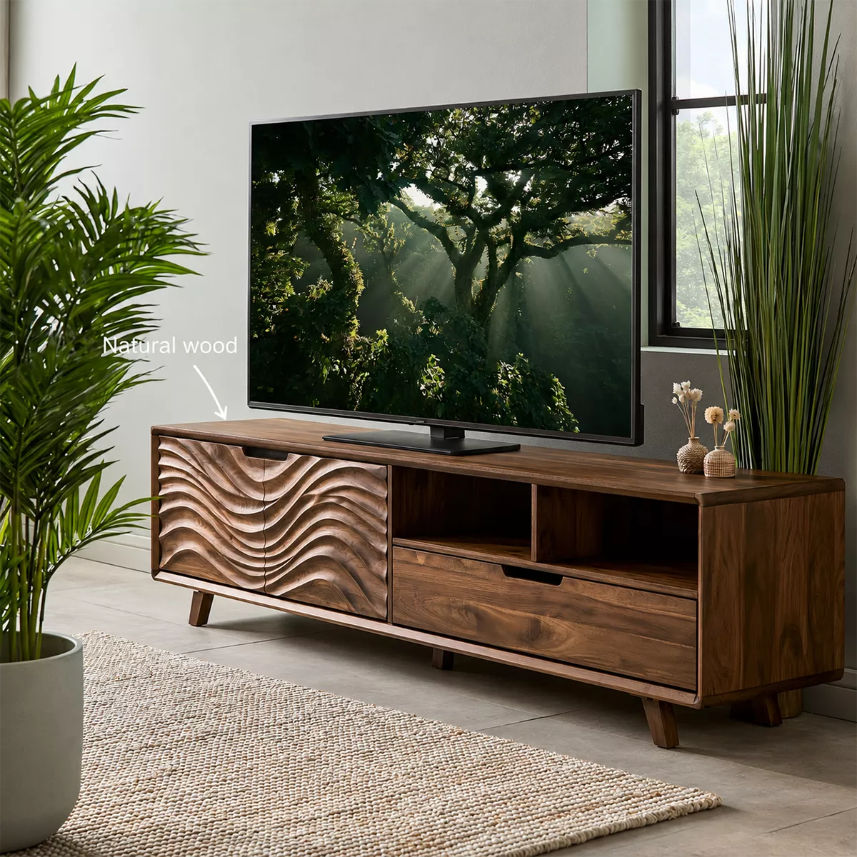 Natural Solid Wood TV Stand with Sculptural Wavy Cabinet Door Japandi - Livewoodcraft - 7