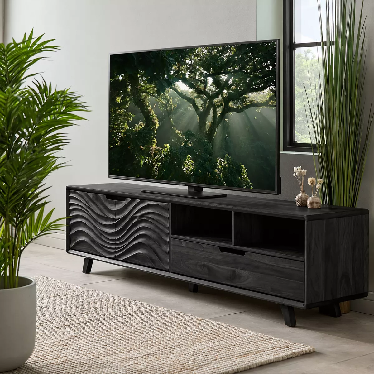 Natural Solid Wood TV Stand with Sculptural Wavy Cabinet Door Japandi - Livewoodcraft - 8