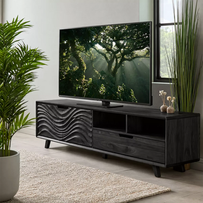 Natural Solid Wood TV Stand with Sculptural Wavy Cabinet Door Japandi - Livewoodcraft - 8