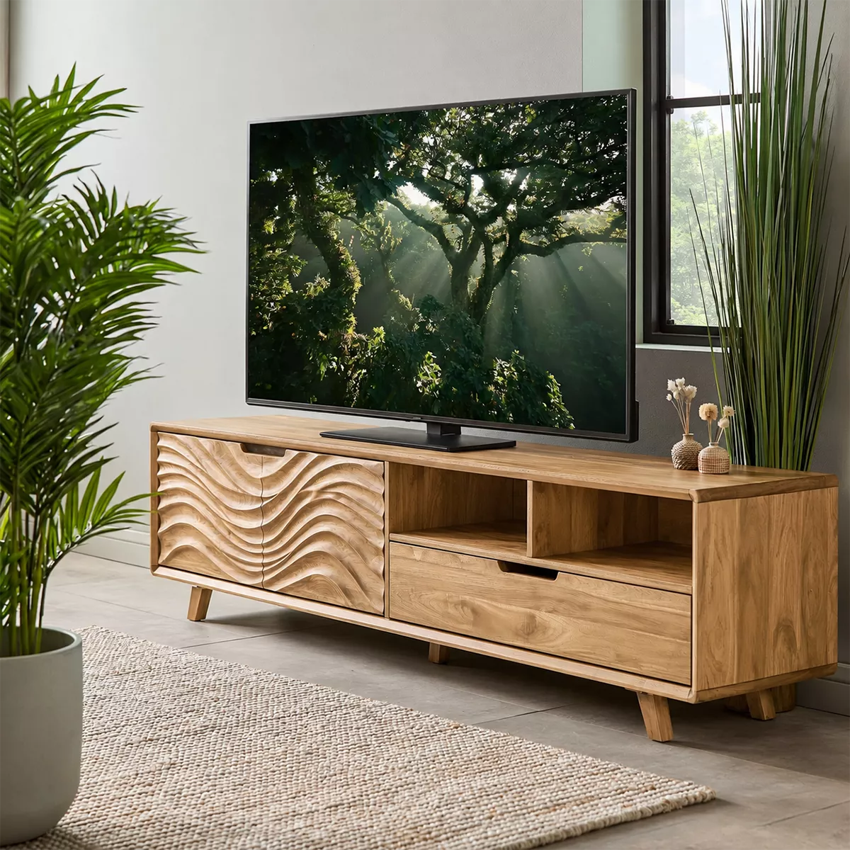 Natural Solid Wood TV Stand with Sculptural Wavy Cabinet Door Japandi - Livewoodcraft - 9