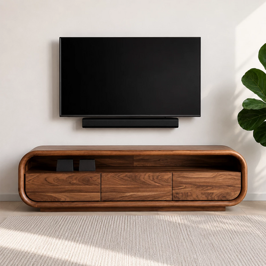Natural Solid Wood TV Stand with Three Cabinets and Full Width Open Media Shelf - Echotimber