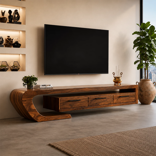 Natural Solid Wood TV Stand with Three Drawers and Sculptural Curved Base - Echotimber