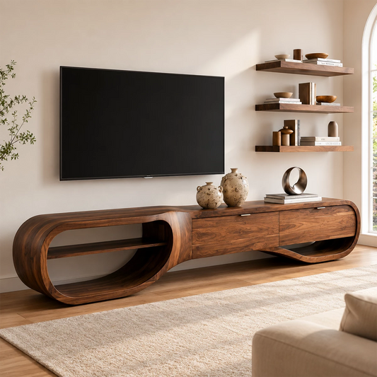 Natural Solid Wood TV Stand with Three Drawers and Sculptural Loop Shelves - Echotimber
