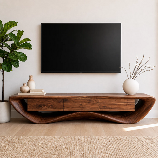 Natural Solid Wood TV Stand with Three Drawers and Sculptural Wave Base - Echotimber
