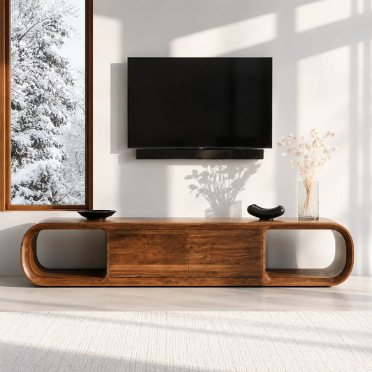 Natural Solid Wood TV Stand with Two Cabinets and Rounded Open Side Shelves - Echotimber