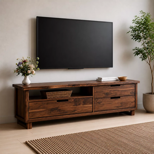 Natural Solid Wood TV Stand with Two Drawers and Open Shelf Minimalist - Echotimber