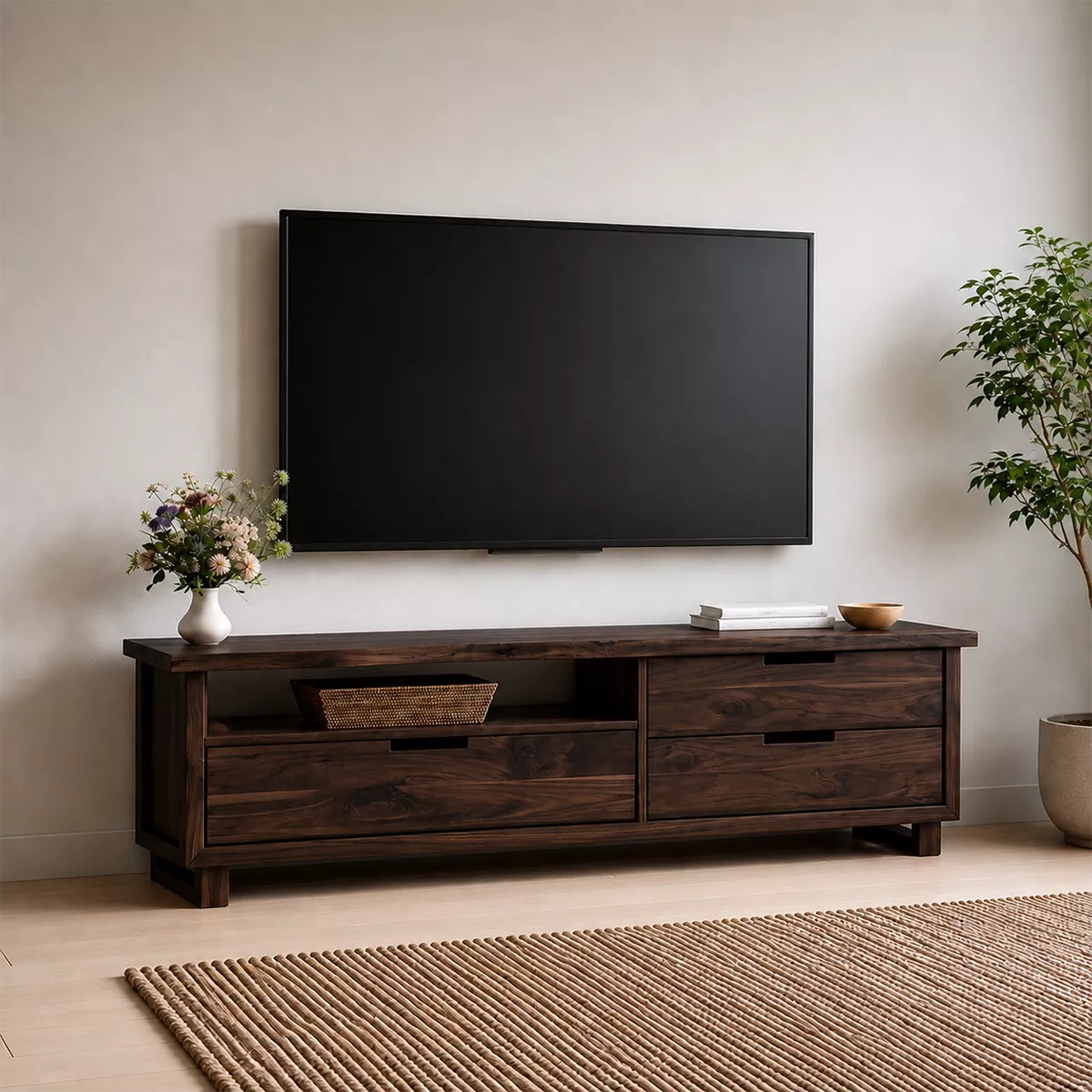 Natural Solid Wood TV Stand with Two Drawers and Open Shelf Minimalist - Livewoodcraft - 10