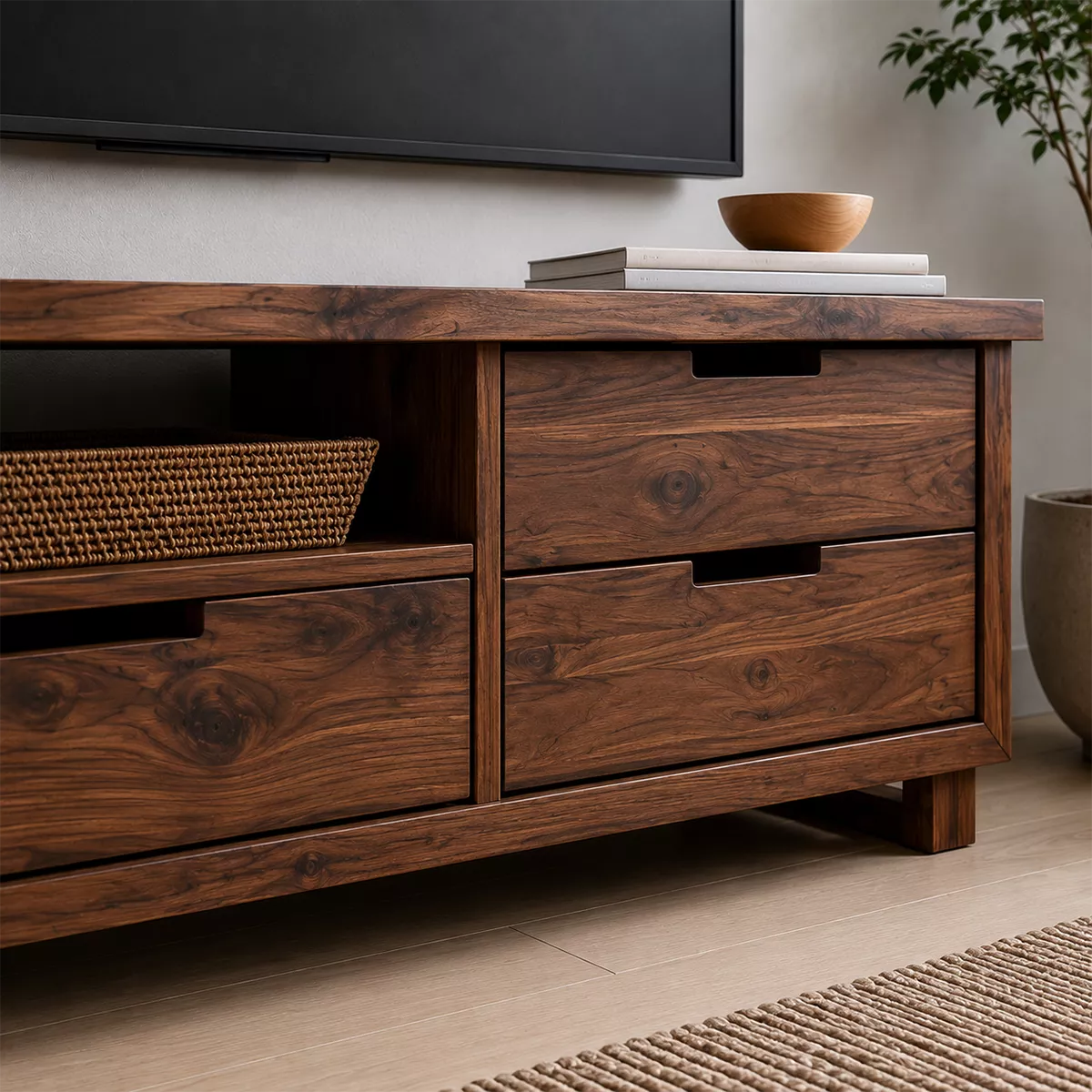 Natural Solid Wood TV Stand with Two Drawers and Open Shelf Minimalist - Livewoodcraft - 2