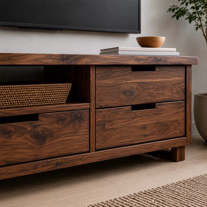 Natural Solid Wood TV Stand with Two Drawers and Open Shelf Minimalist - Livewoodcraft - 2