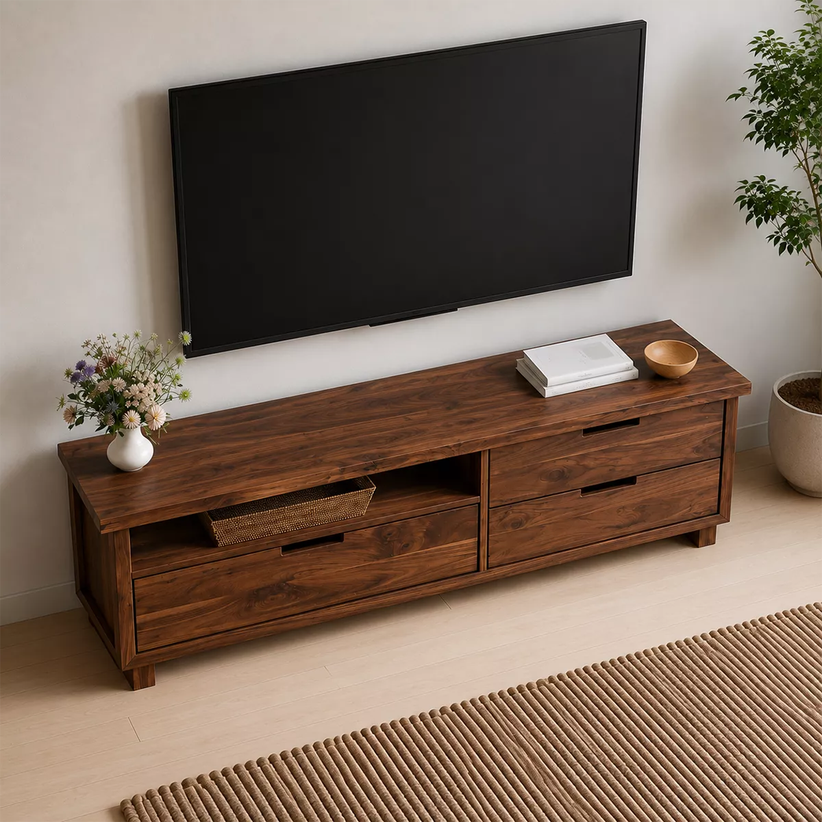 Natural Solid Wood TV Stand with Two Drawers and Open Shelf Minimalist - Livewoodcraft - 3