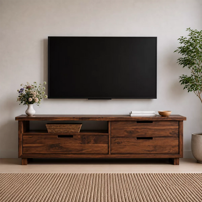 Natural Solid Wood TV Stand with Two Drawers and Open Shelf Minimalist - Livewoodcraft - 4
