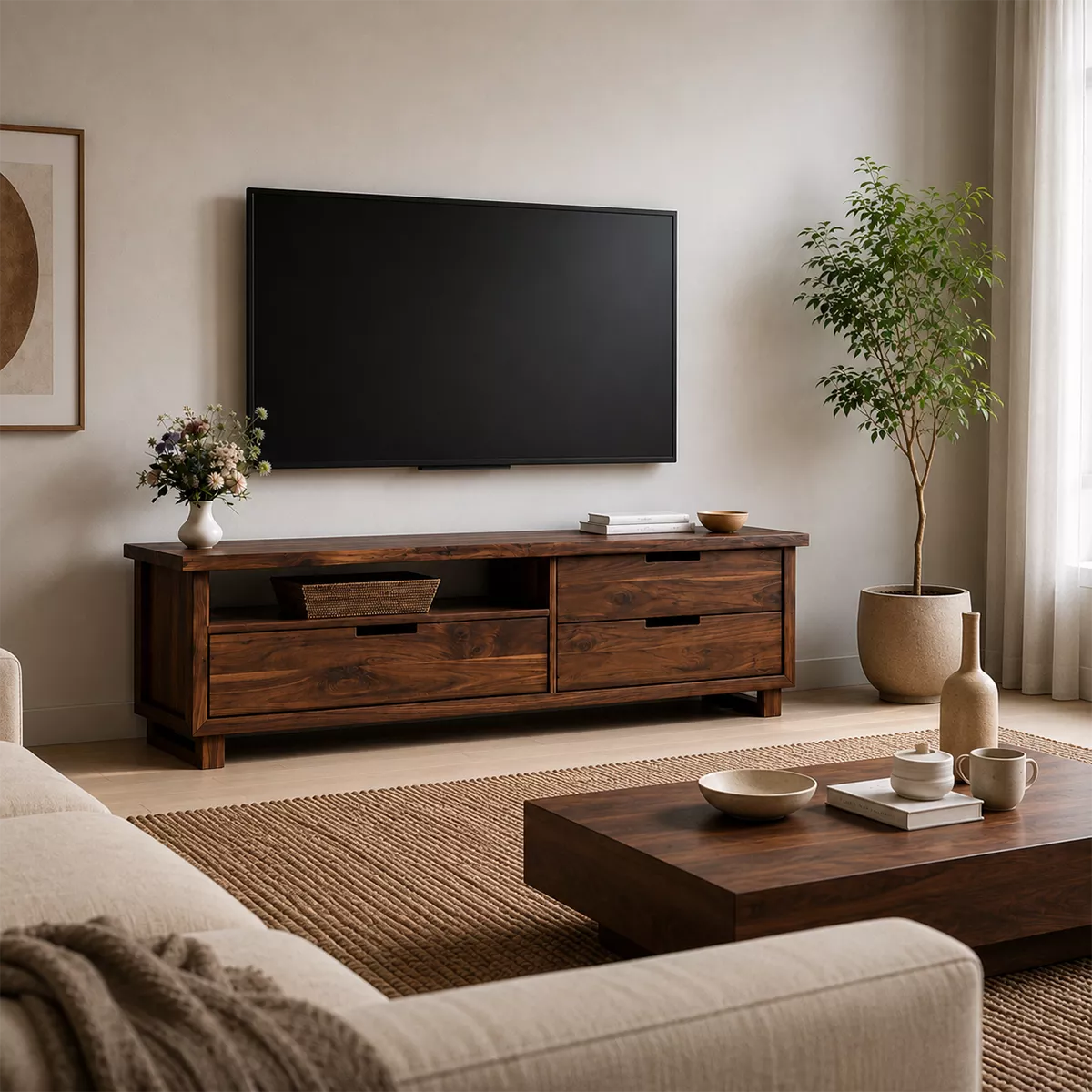 Natural Solid Wood TV Stand with Two Drawers and Open Shelf Minimalist - Livewoodcraft - 5