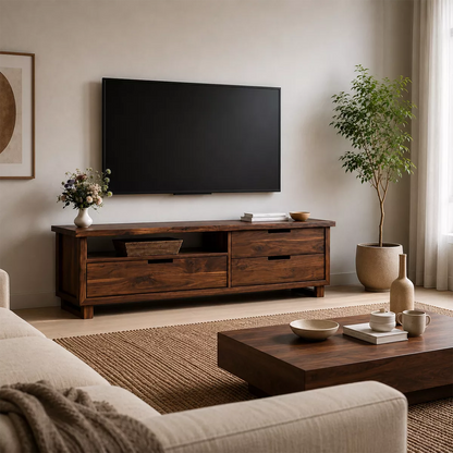 Natural Solid Wood TV Stand with Two Drawers and Open Shelf Minimalist - Livewoodcraft - 5