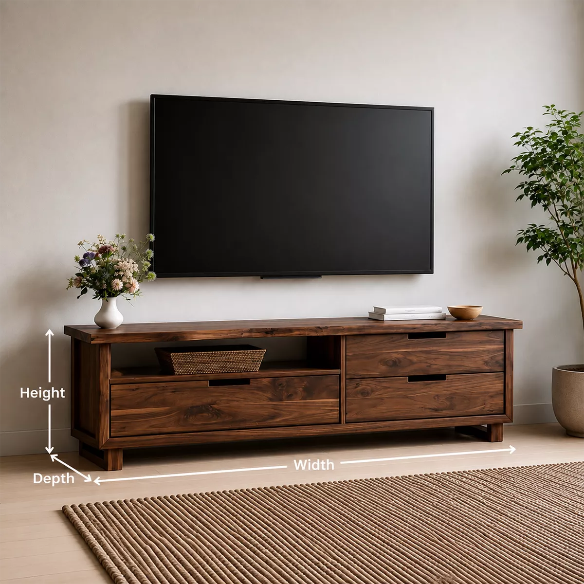 Natural Solid Wood TV Stand with Two Drawers and Open Shelf Minimalist - Livewoodcraft - 6