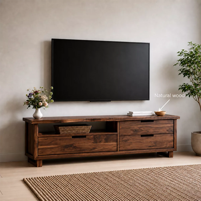 Natural Solid Wood TV Stand with Two Drawers and Open Shelf Minimalist - Livewoodcraft - 7