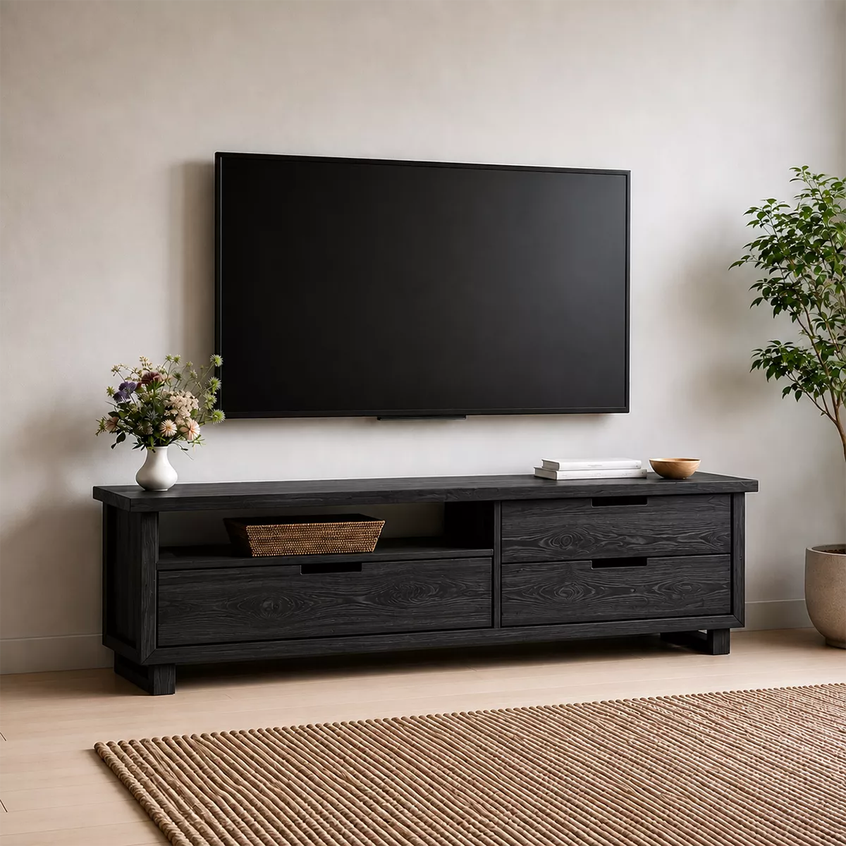 Natural Solid Wood TV Stand with Two Drawers and Open Shelf Minimalist - Livewoodcraft - 8