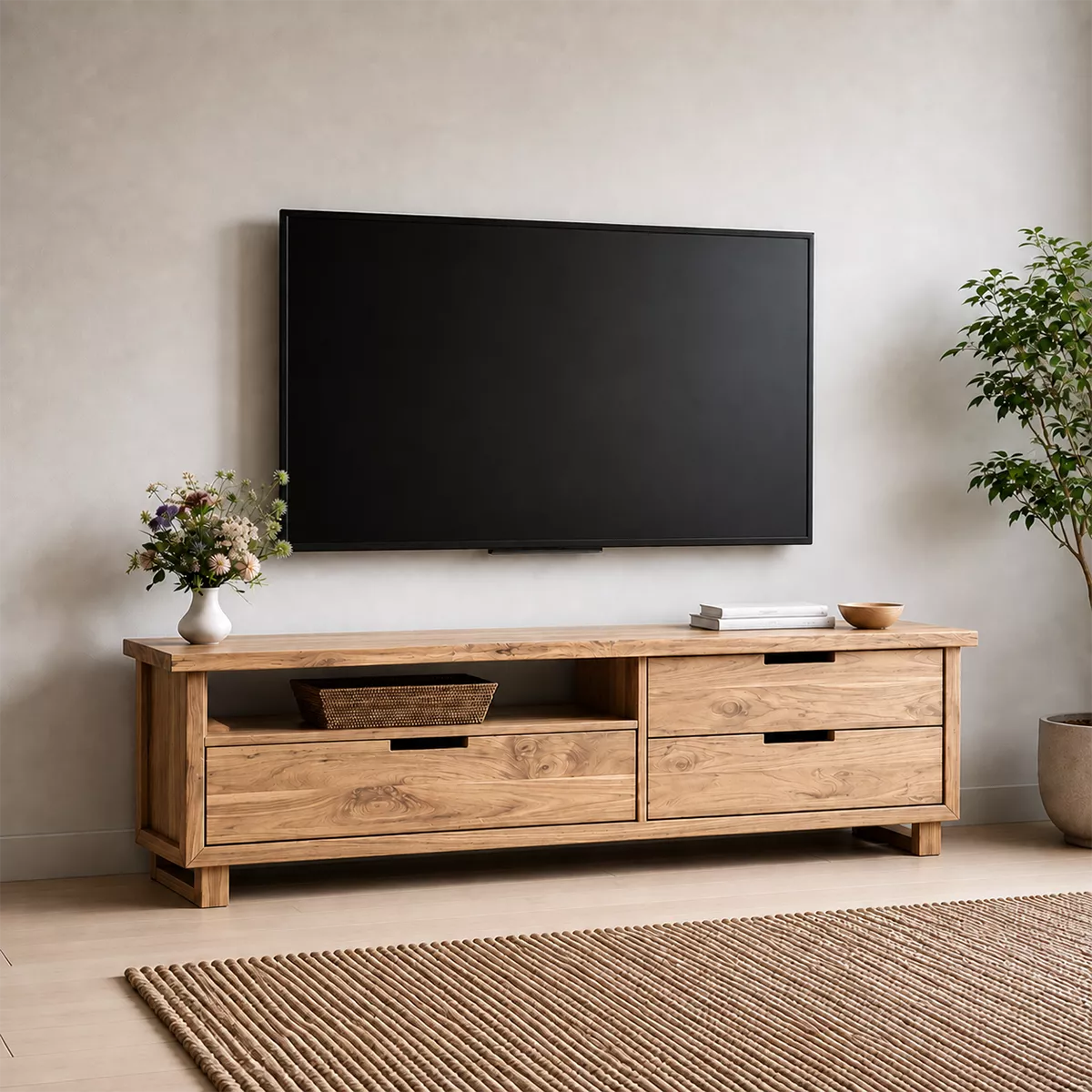 Natural Solid Wood TV Stand with Two Drawers and Open Shelf Minimalist - Livewoodcraft - 9