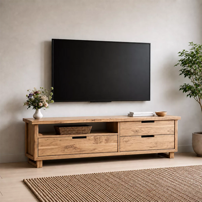 Natural Solid Wood TV Stand with Two Drawers and Open Shelf Minimalist - Livewoodcraft - 9