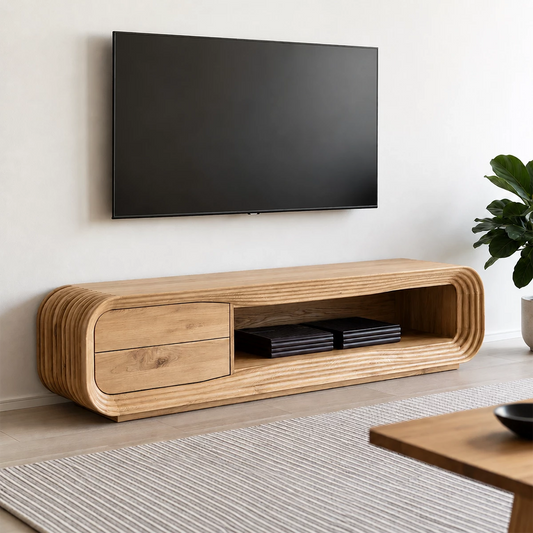 Natural Solid Wood TV Stand with Two Drawers and Ribbed Open Media Shelf - Echotimber