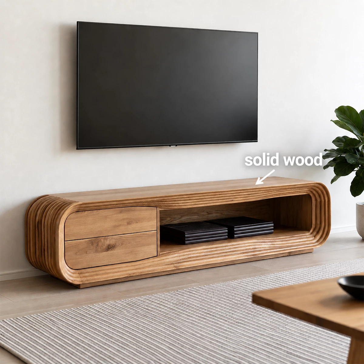 Natural Solid Wood TV Stand with Two Drawers and Ribbed Open Media Shelf - Livewoodcraft - 9