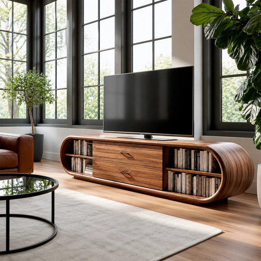 Natural Solid Wood TV Stand with Two Drawers and Rounded Open Shelves - Echotimber