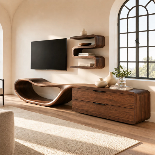 Natural Solid Wood TV Stand with Two Drawers and Sculptural Loop Base - Echotimber