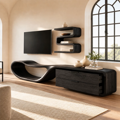 Natural Solid Wood TV Stand with Two Drawers and Sculptural Loop Base - Livewoodcraft - 2