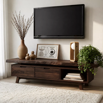 Natural Solid Wood TV Stand with Two Drawers Open Shelf Japandi Design - Livewoodcraft - 10