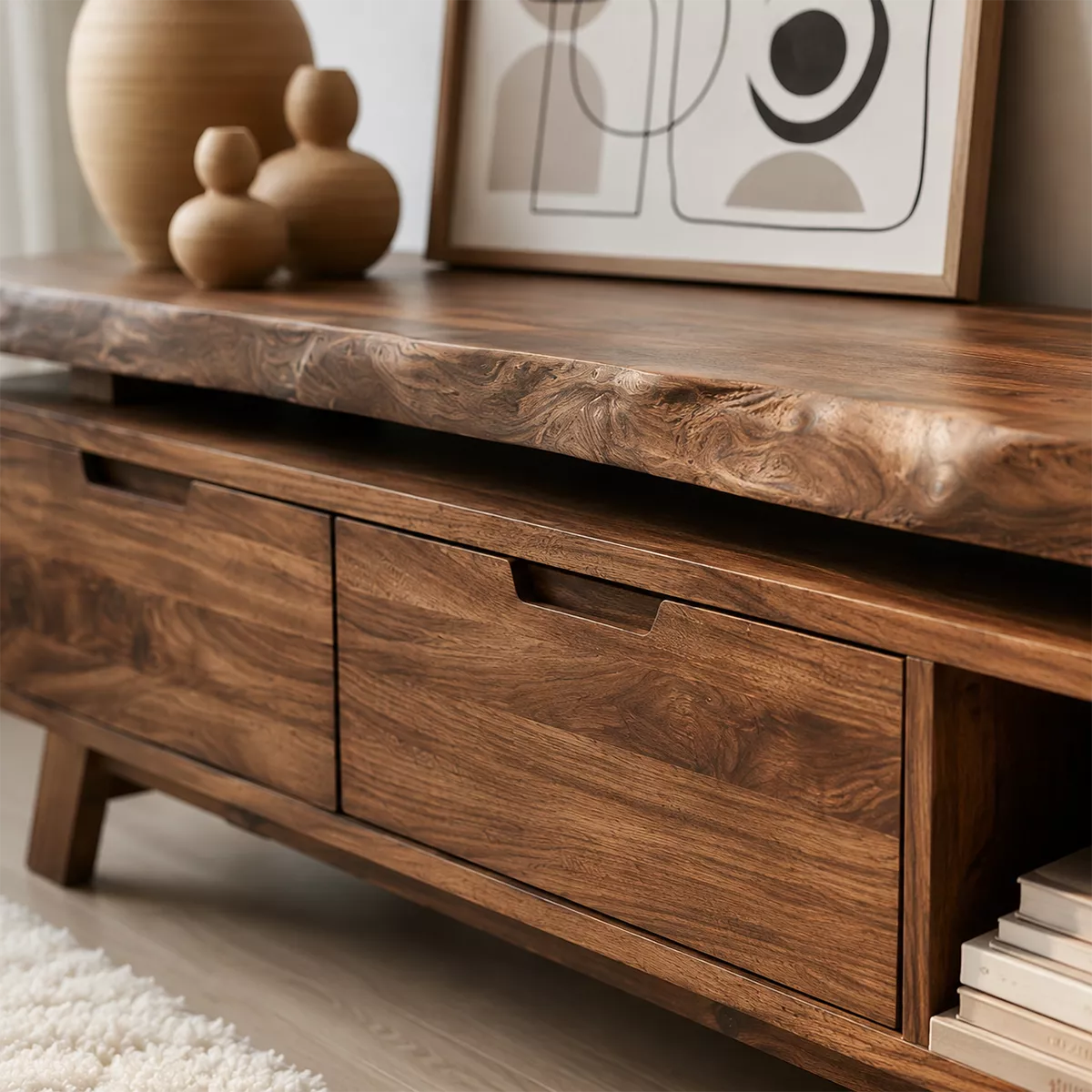 Natural Solid Wood TV Stand with Two Drawers Open Shelf Japandi Design - Livewoodcraft - 2