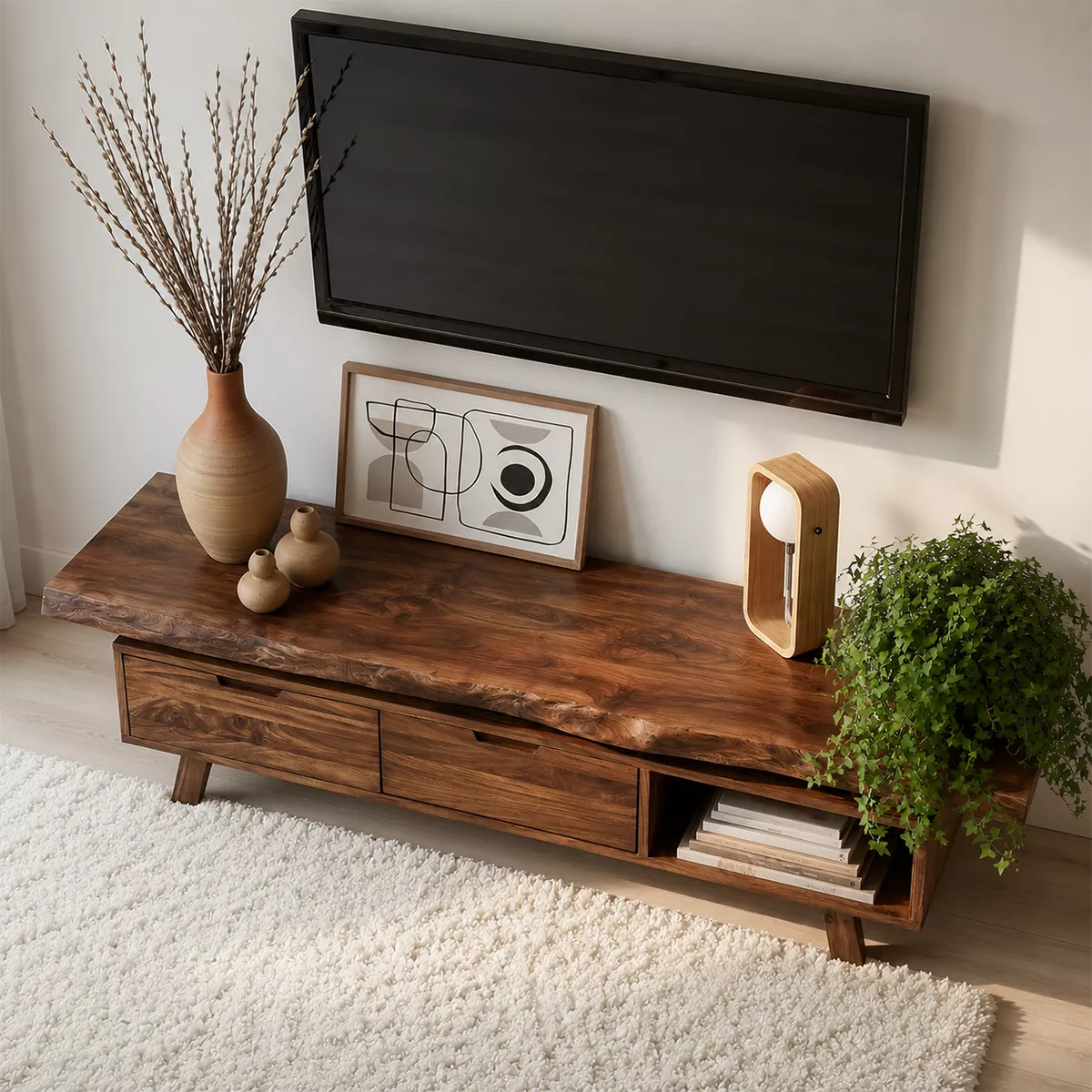 Natural Solid Wood TV Stand with Two Drawers Open Shelf Japandi Design - Livewoodcraft - 3