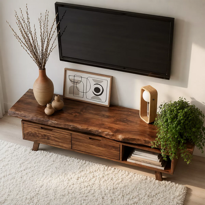 Natural Solid Wood TV Stand with Two Drawers Open Shelf Japandi Design - Livewoodcraft - 3
