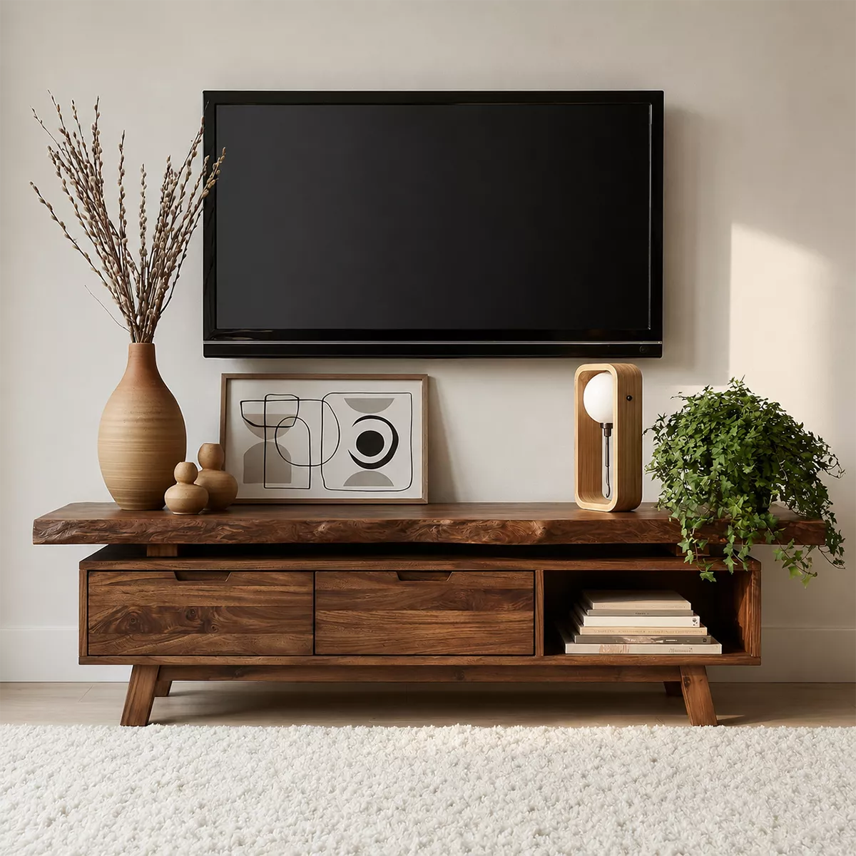 Natural Solid Wood TV Stand with Two Drawers Open Shelf Japandi Design - Livewoodcraft - 4