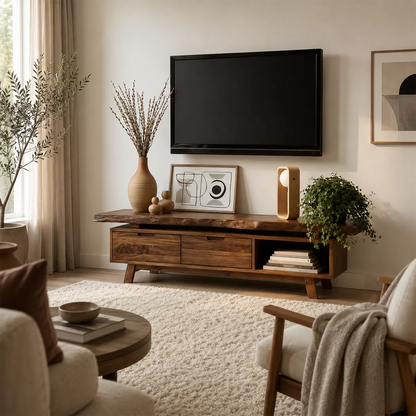 Natural Solid Wood TV Stand with Two Drawers Open Shelf Japandi Design - Livewoodcraft - 5