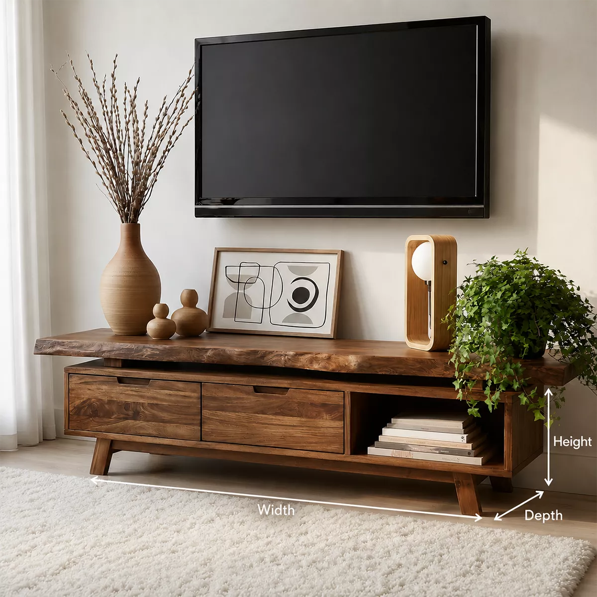 Natural Solid Wood TV Stand with Two Drawers Open Shelf Japandi Design - Livewoodcraft - 6
