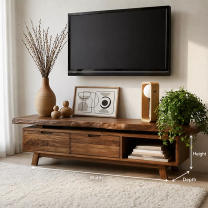 Natural Solid Wood TV Stand with Two Drawers Open Shelf Japandi Design - Livewoodcraft - 6