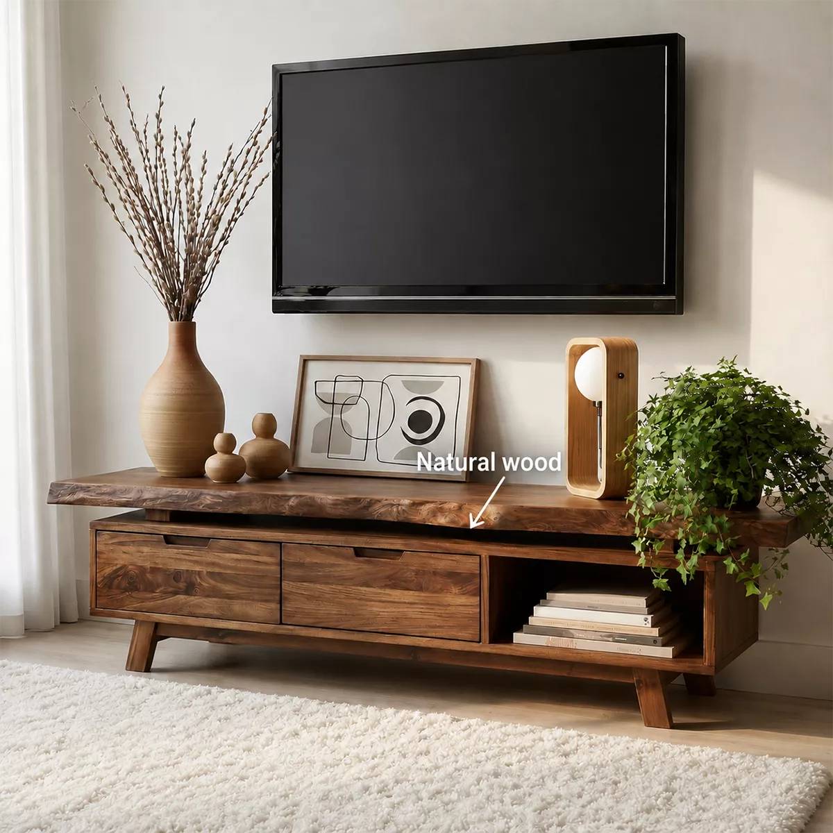 Natural Solid Wood TV Stand with Two Drawers Open Shelf Japandi Design - Livewoodcraft - 7