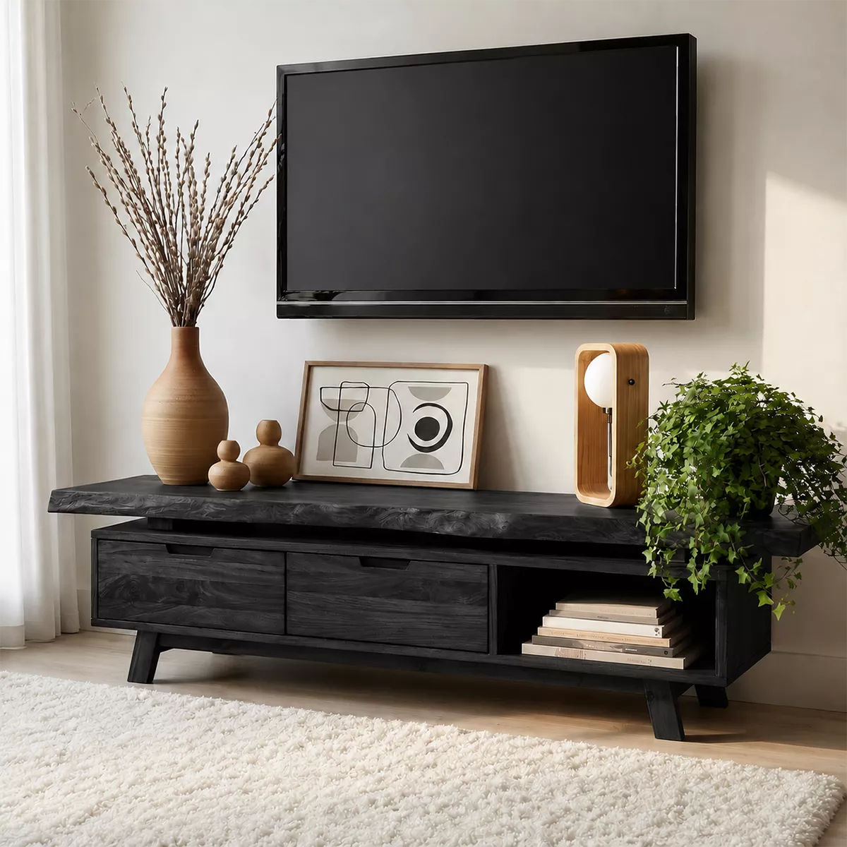 Natural Solid Wood TV Stand with Two Drawers Open Shelf Japandi Design - Livewoodcraft - 8