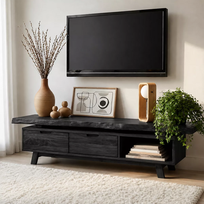 Natural Solid Wood TV Stand with Two Drawers Open Shelf Japandi Design - Livewoodcraft - 8