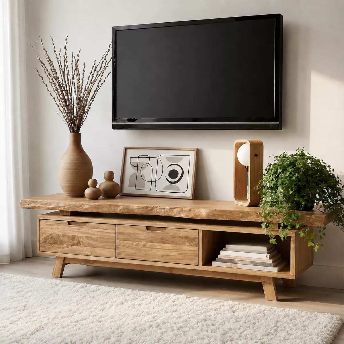 Natural Solid Wood TV Stand with Two Drawers Open Shelf Japandi Design - Livewoodcraft - 9