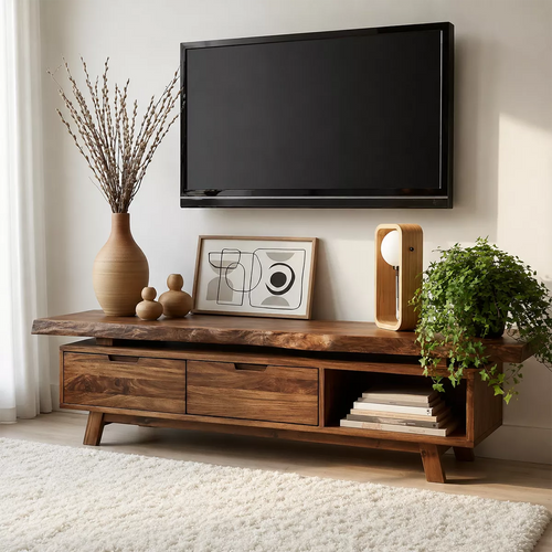 Natural Solid Wood TV Stand with Two Drawers Open Shelf Japandi Design - Livewoodcraft