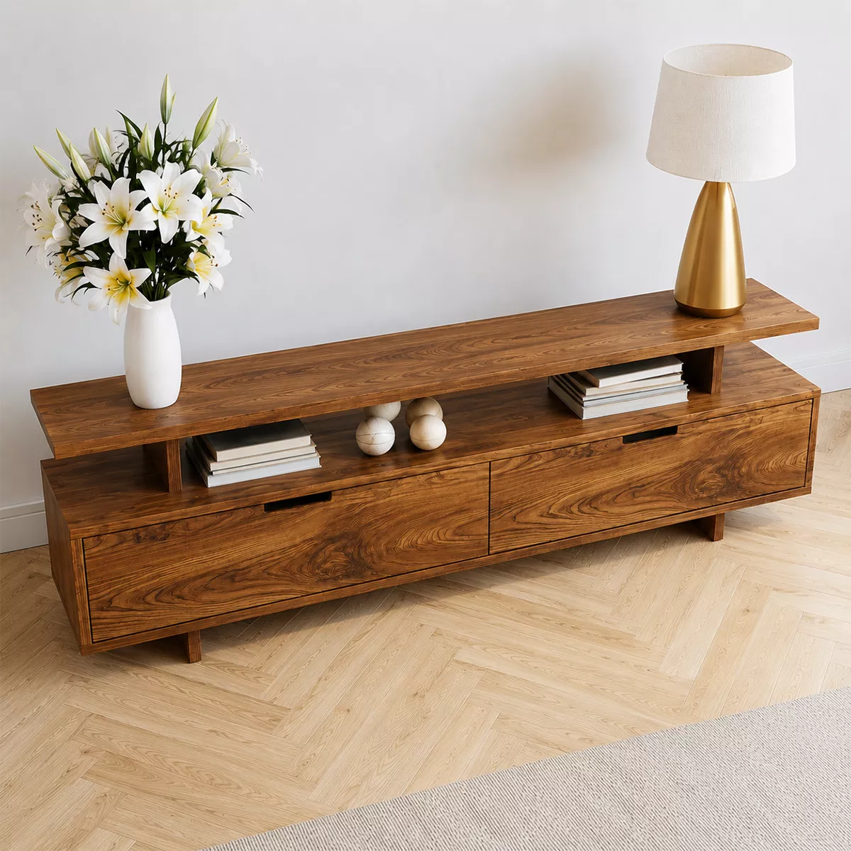 Natural Solid Wood TV Stand with Two Drawers Open Shelf Modern Style - Livewoodcraft - 3