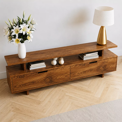 Natural Solid Wood TV Stand with Two Drawers Open Shelf Modern Style - Livewoodcraft - 3