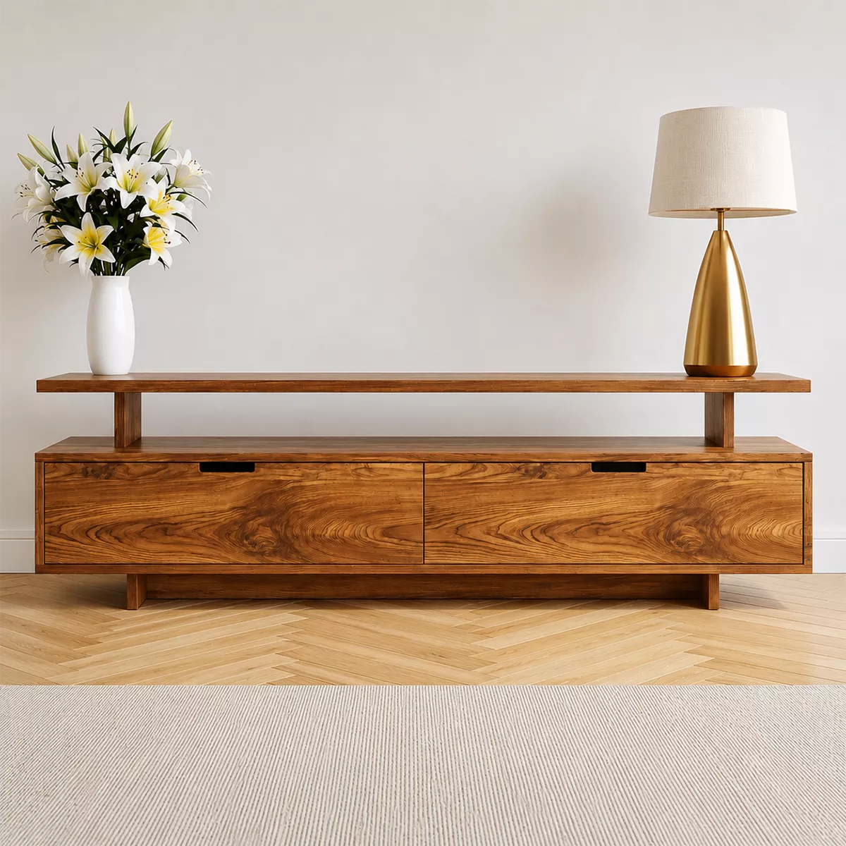 Natural Solid Wood TV Stand with Two Drawers Open Shelf Modern Style - Livewoodcraft - 4