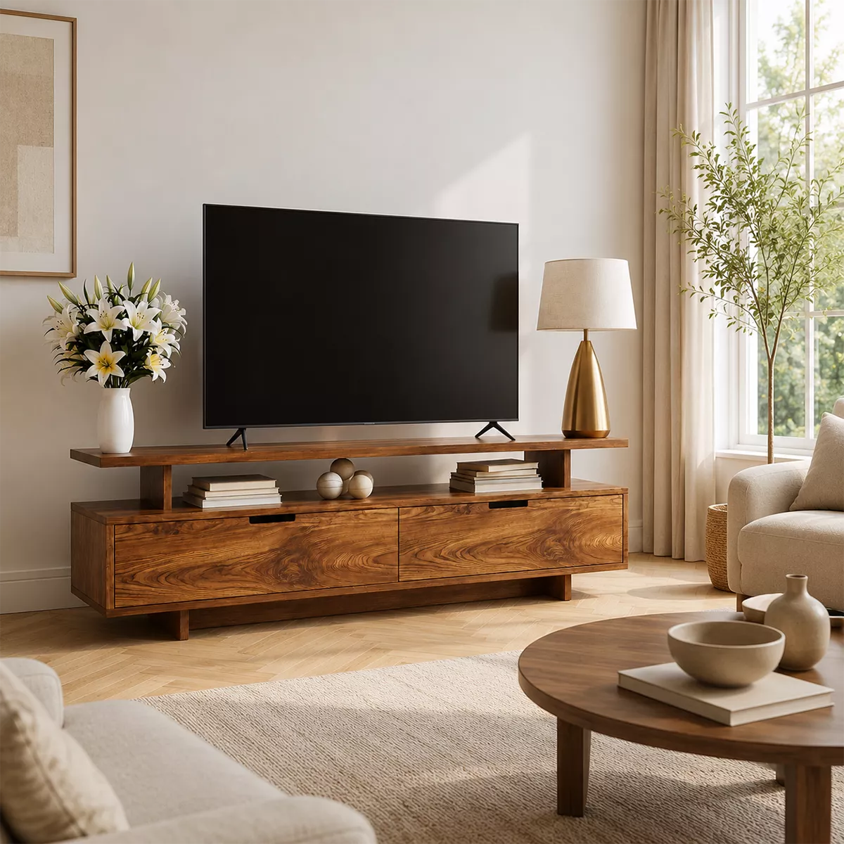 Natural Solid Wood TV Stand with Two Drawers Open Shelf Modern Style - Livewoodcraft - 5
