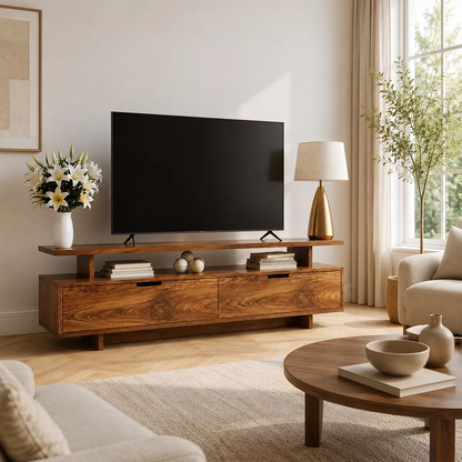 Natural Solid Wood TV Stand with Two Drawers Open Shelf Modern Style - Livewoodcraft - 5