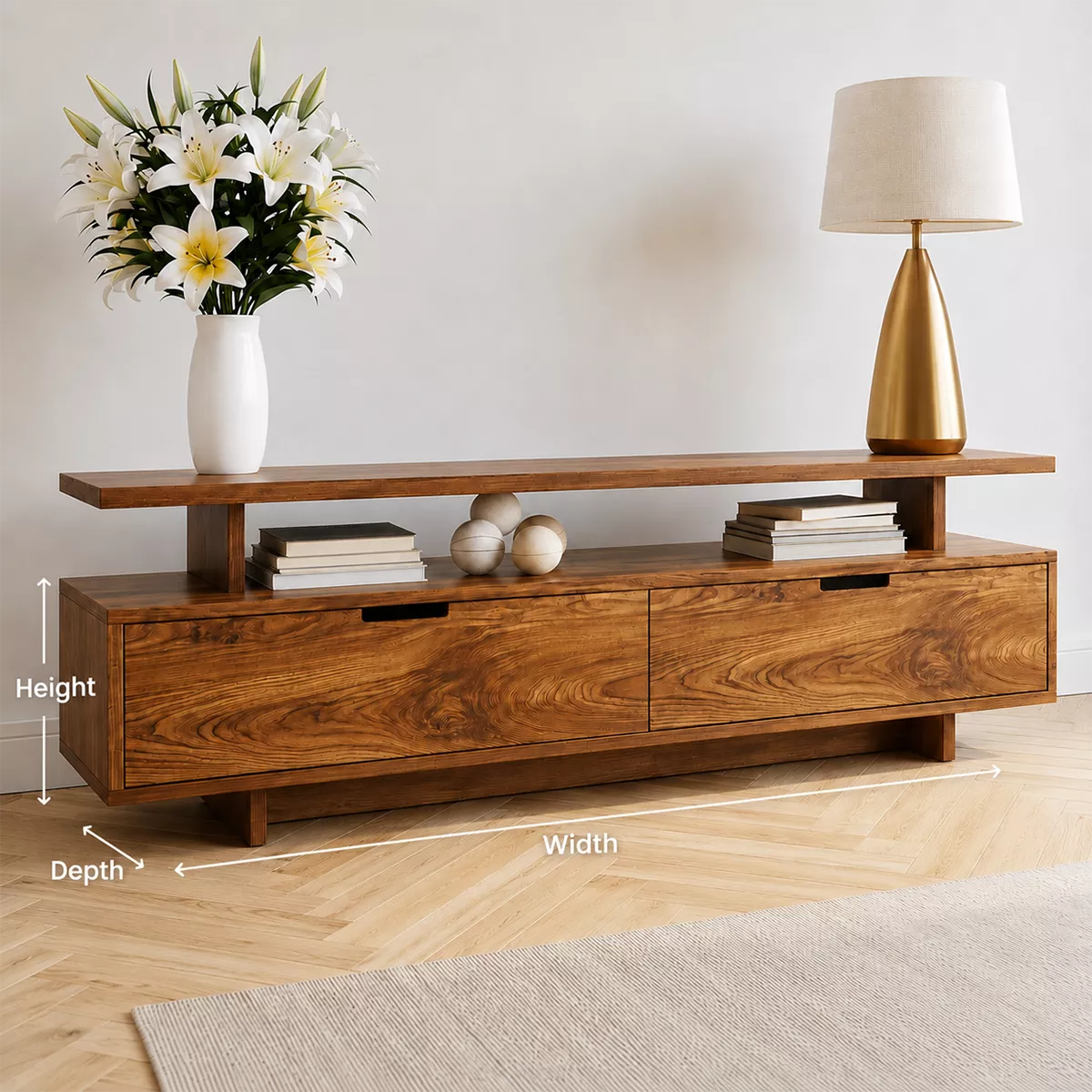 Natural Solid Wood TV Stand with Two Drawers Open Shelf Modern Style - Livewoodcraft - 6