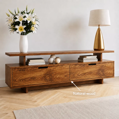 Natural Solid Wood TV Stand with Two Drawers Open Shelf Modern Style - Livewoodcraft - 7