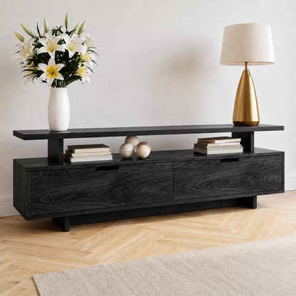 Natural Solid Wood TV Stand with Two Drawers Open Shelf Modern Style - Livewoodcraft - 8